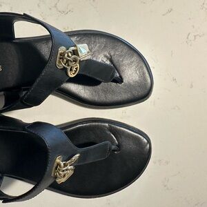 Michael Kors Black Leather Toe-Post Sandals with Gold Charm Accents